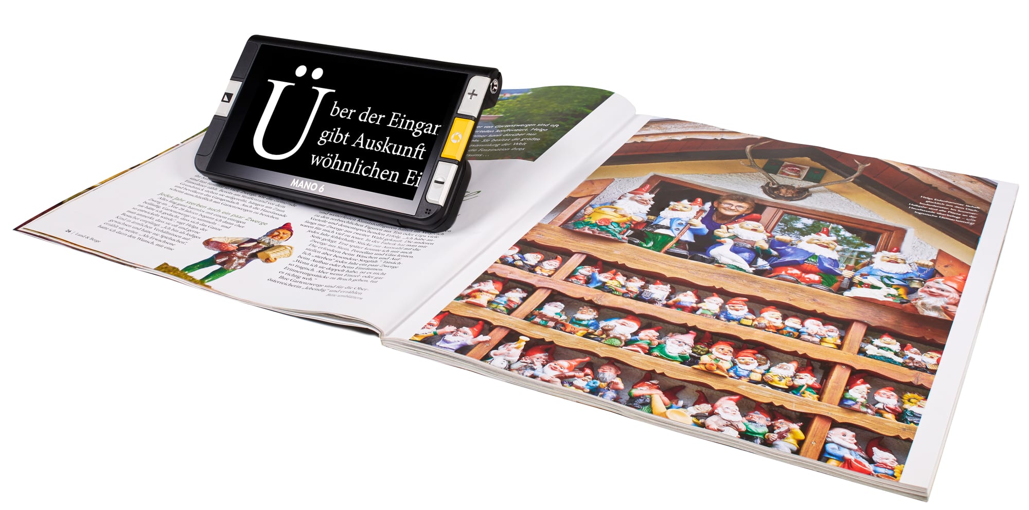 Elektronische Lupe MANO 6 beim Lesen eines Magazins